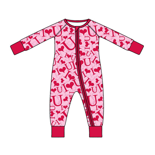 Preorder (moq 5) Baby Girl Clothes Valentine Red Letter Heart All Over Print Long Sleeve Zipper Romper