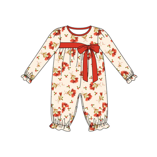 Preorder (moq 5)Baby Girls Long Ruffle Sleeves Red Bows Leaves Pant Rompers