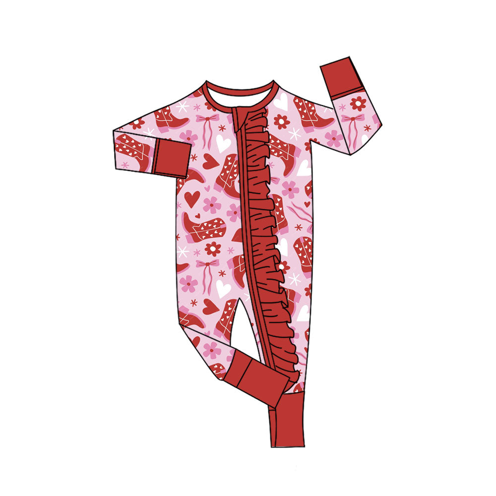 Preorder (moq 5)Baby Girls Red Hearts Flowers Boots Ruffle Zipper Footie Rompers