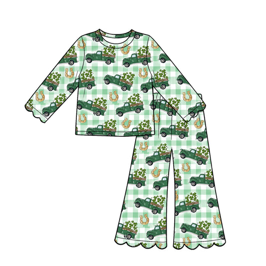 Preorder (moq 5) Baby Girl Clothes St Patrick’s Day Clover Truck Print Long‑Sleeve Top Scalloped Flare Pants Set
