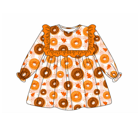 Preorder (moq 5)Baby Girls Long Ruffle Sleeves Orange Plaid Donuts Knee Length Dresses