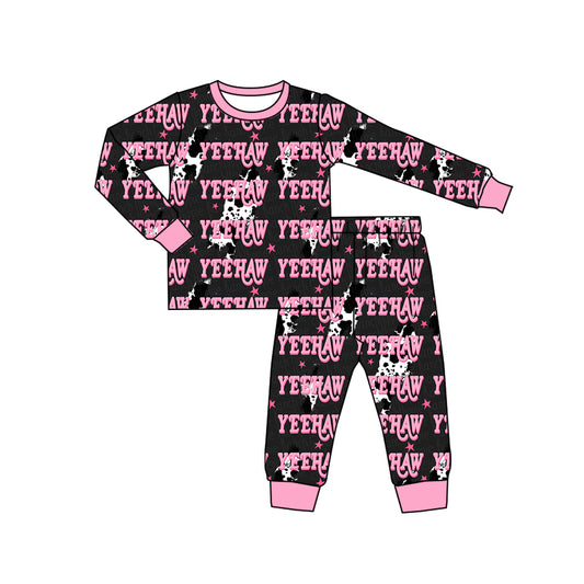 Preorder (moq 5)Baby Kids Long Sleeve Cow Print Lights Yeehaw Top Pants Western Pajamas Sets