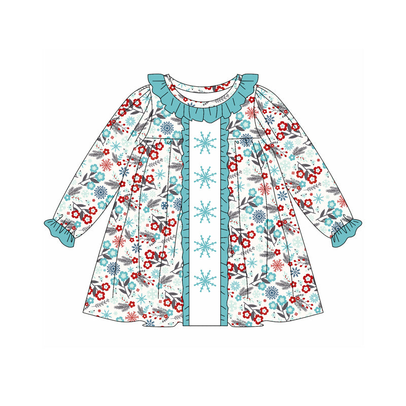 Preorder (moq 5)Baby Girls Long Ruffle Sleeves Blue Red Snowflake Flowers Knee Length Dresses