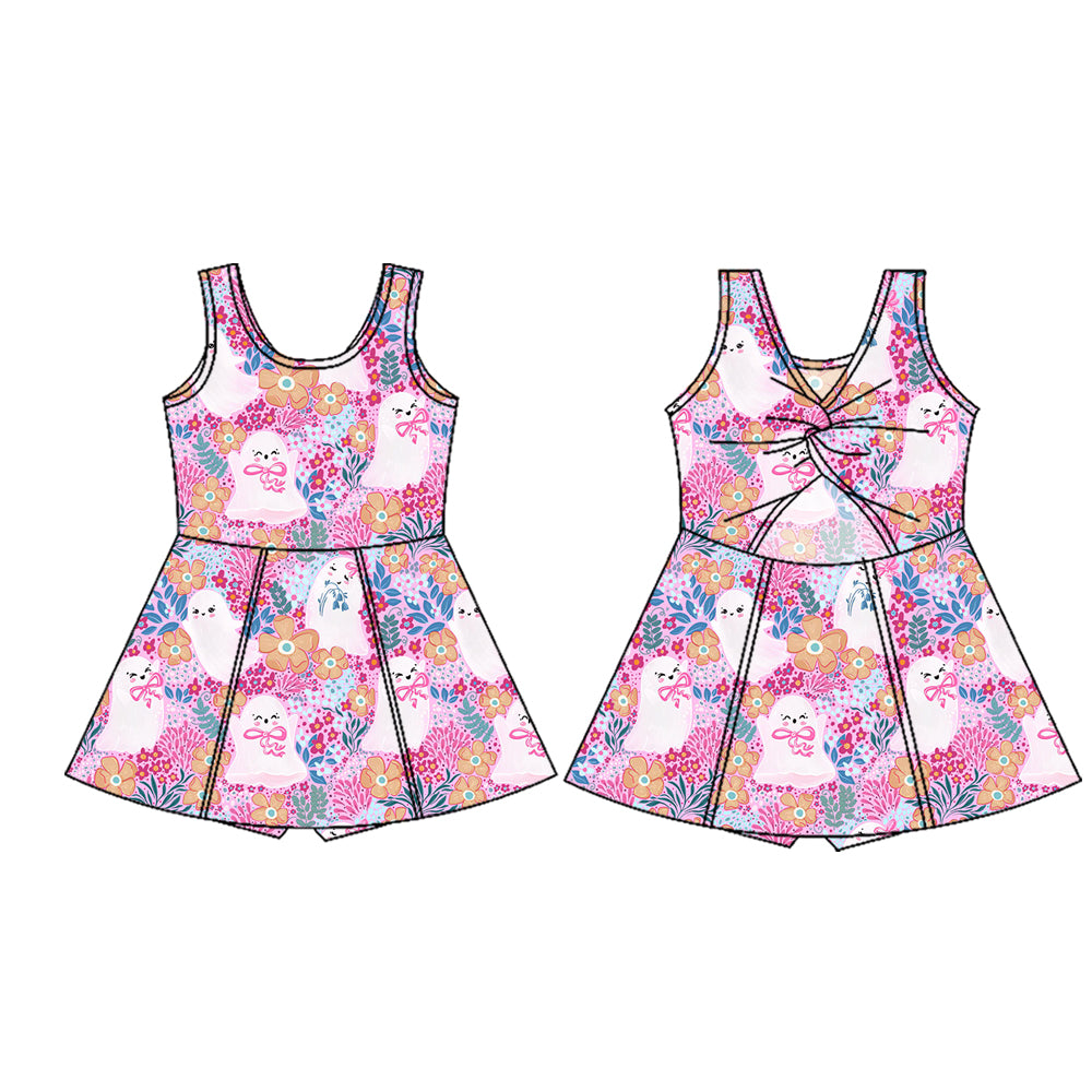 Preorder (moq 5)Baby Girls Sleeveless Pink Floral Ghosts Shorts Knee Length Dresses