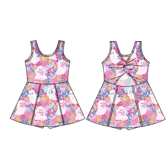 Preorder (moq 5)Baby Girls Sleeveless Pink Floral Ghosts Shorts Knee Length Dresses