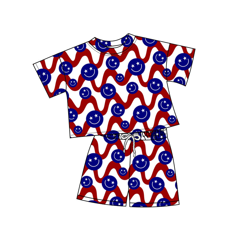 Preorder (moq 5)Baby Girls 4th Of July Waves Smile Top Shorts Clothes Sets