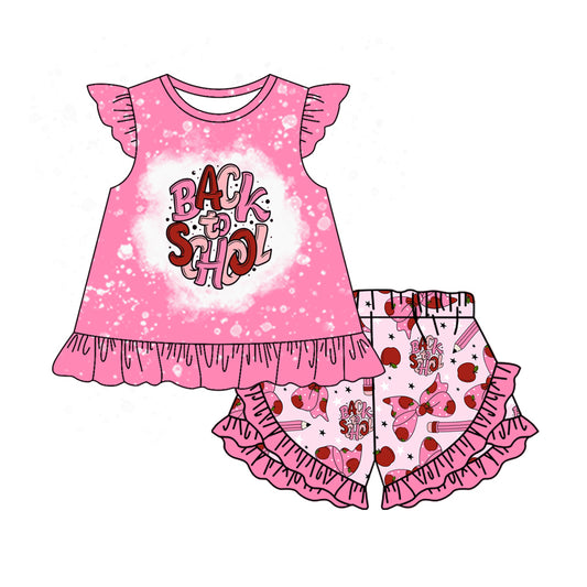 Preorder (moq 5)Baby Girls Back To School Pink Tunic Top Ruffle Shorts Clothes Sets