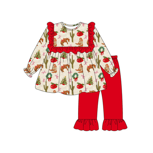 Preorder(moq 8)Baby Girls Holly Trees Horses Hats Tunic Ruffle Pants Christmas Clothes Sets