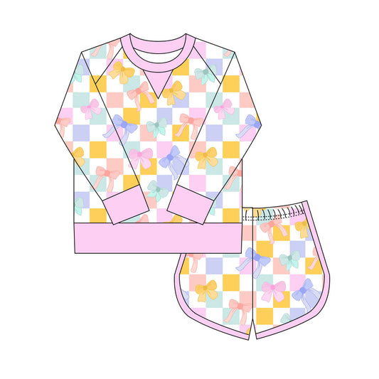 Preorder(moq 8)Baby Girls Colorful Bows Checked Long Sleeve Top Shorts Clothes Set