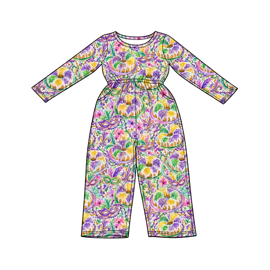 Preorder (moq 5) Baby Girls Long Sleeve Mardigras Masks Anchors Pockets Pant Jumpsuits