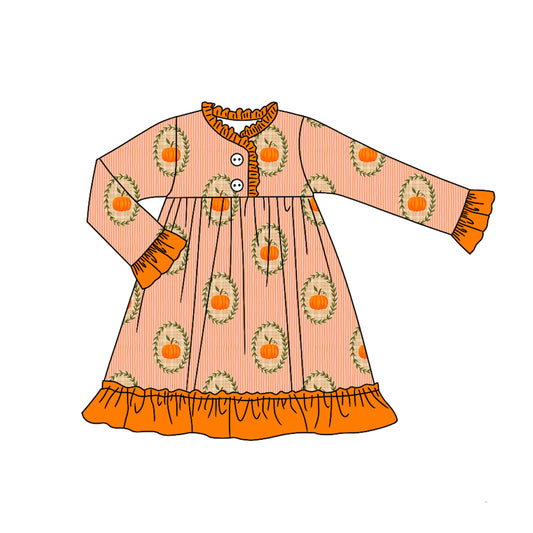 Preorder (moq 5)Baby Girls Long Ruffle Sleeves Pumpkins Plaid Button Knee Length Dresses