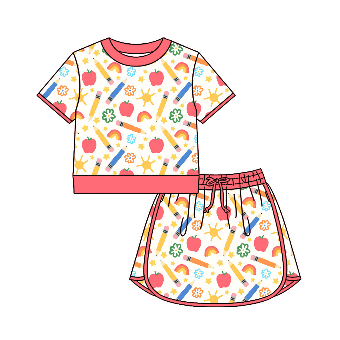 Preorder (moq 5)Baby Girls Apple Flowers Top Skirt Short Back to School Clothes Sets