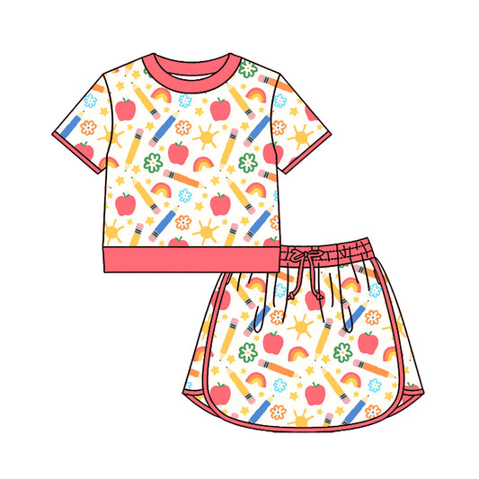 Preorder (moq 5)Baby Girls Apple Flowers Top Skirt Short Back to School Clothes Sets