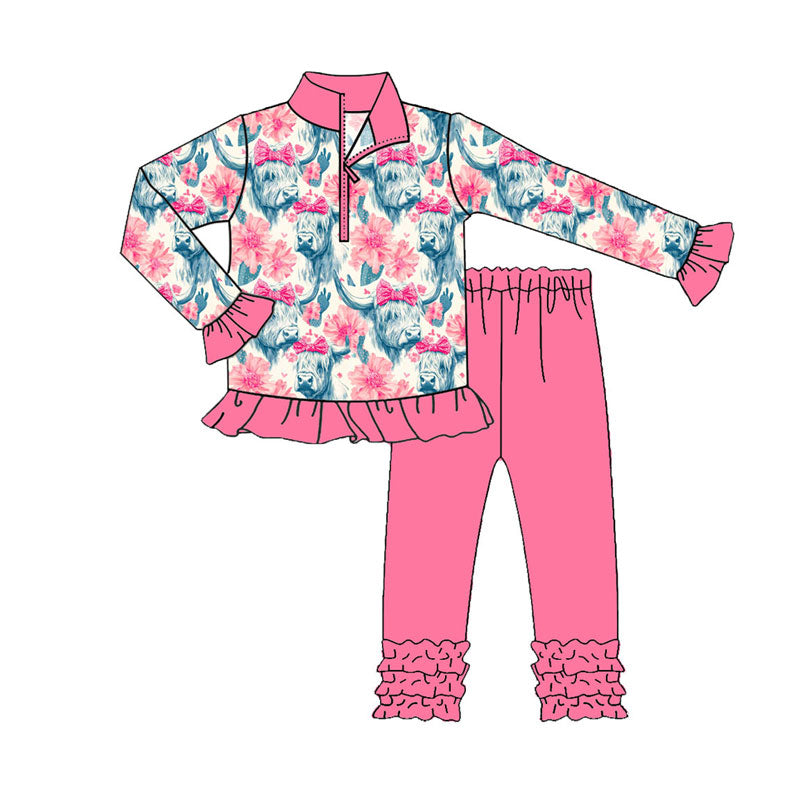 Preorder (moq 5)Baby Girls Highland Cows Zipper Pullover Ruffle Leggings Western Clothes Sets