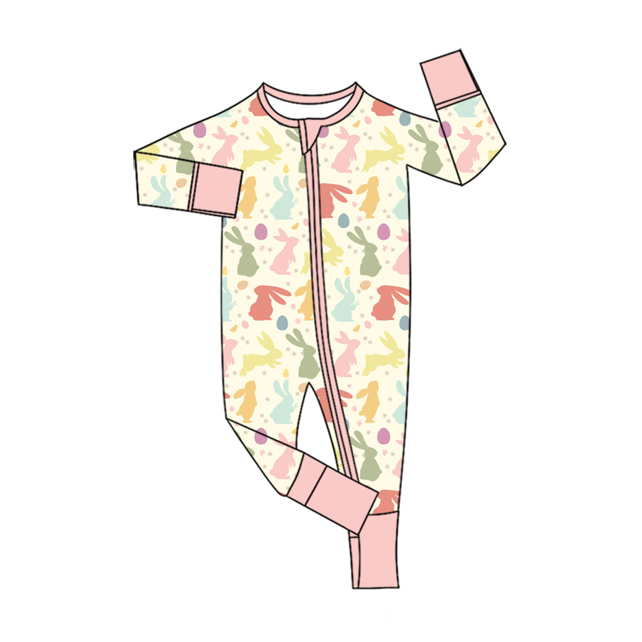 Preorder (moq 5) Baby Girl Clothes Pastel Easter Bunny Egg Silhouette Print Long Sleeve Zipper Baby Romper