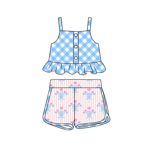 Preorder (moq 5)Baby Girls Blue Checkered Straps Top Flowers Shorts Clothes Sets