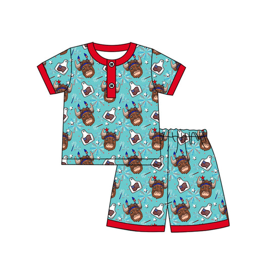 Preorder (moq 5)Baby Boys 4th Of July Shirt Top Highland Cow Shorts Pajamas Clothes Sets