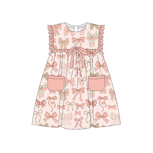 Preorder (moq 5)Baby Girls Peach Sleeveless Bows Pockets Knee Length Dresses