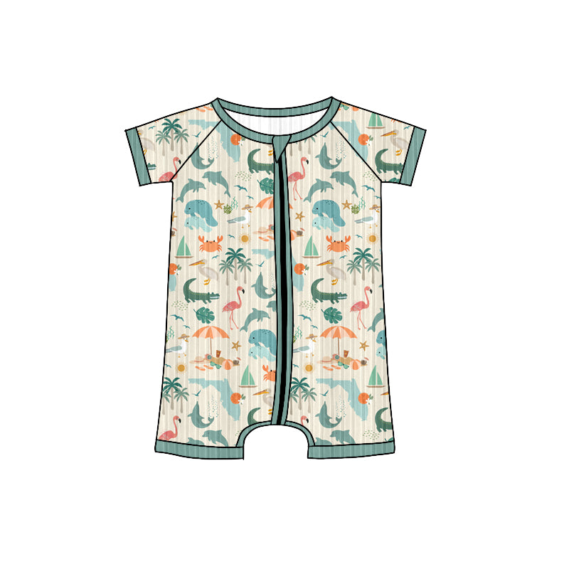 Preorder (moq 5)Baby Boys Green Short Sleeves Sea World Trees Zipper Shorts Rompers