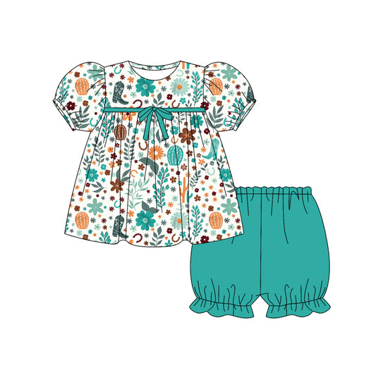 Preorder (moq 5)Baby Girls Short Ruffle Sleeves Blue Floral Boots Tunic Shorts Set