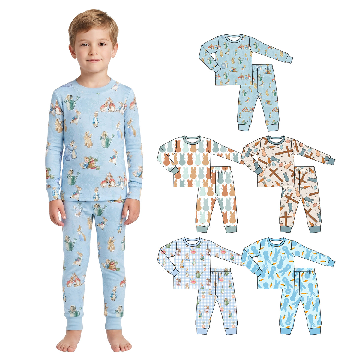 Preorder (moq 5) Baby Boy Clothes Vintage Easter Bunny Garden Print Long Sleeve Cuff Pajama Set