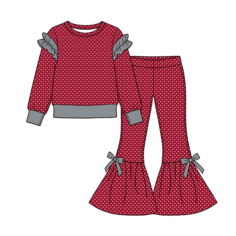 Preorder (moq 5) Baby Girl Clothes Burgundy White Polka Dot Mixed Print Long Sleeve Flare Pant Set
