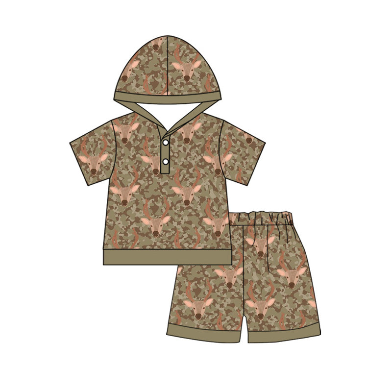 Preorder (moq 5)Baby Boys Southern Camo Deer Button Hoodies Short Hunting Clothes Set