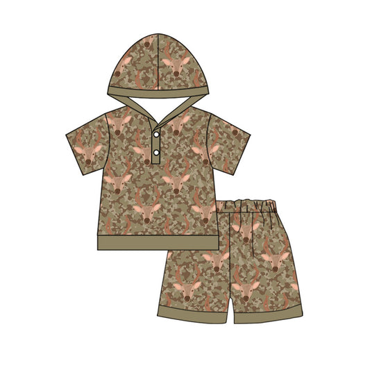 Preorder (moq 5)Baby Boys Southern Camo Deer Button Hoodies Short Hunting Clothes Set