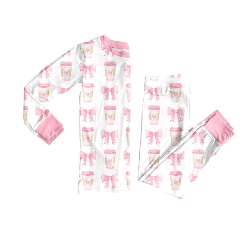 Preorder (moq 5)Baby Girls Pink Bows Coffee Top Pants Valentine Pajamas Sets