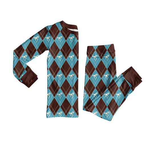 Preorder(moq 5) Baby Girls Brown Blue Checked Bows Top Pants Pajamas Set