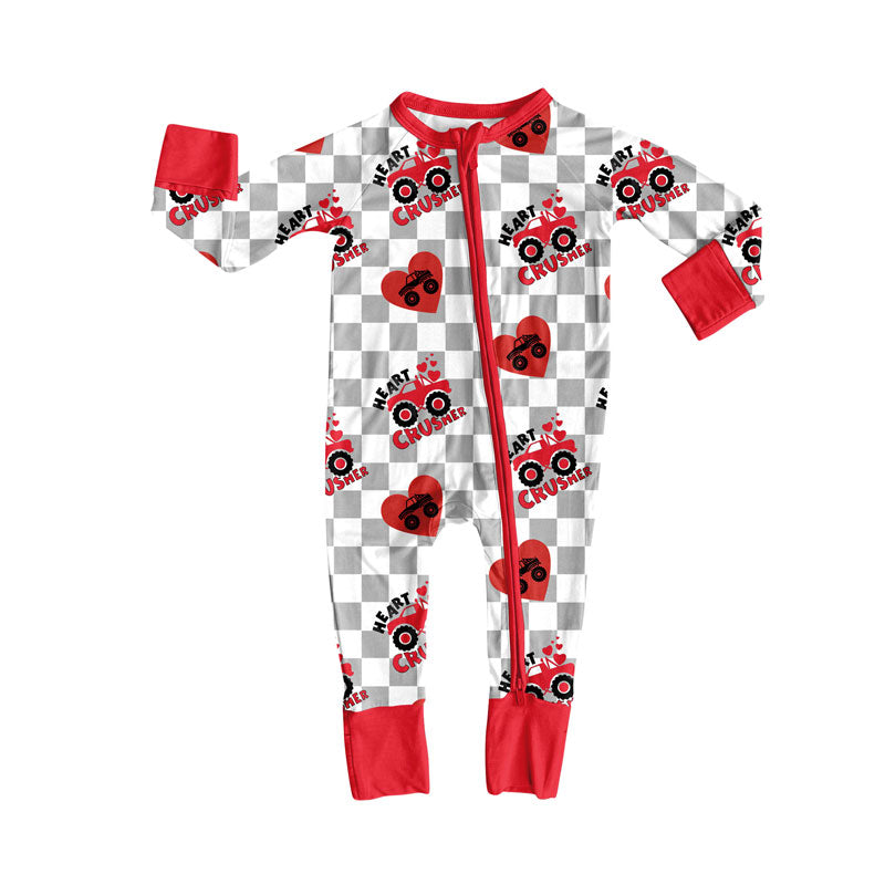 Preorder (moq 20)Baby Girls Bamboo Grey Checked Hearts Trucks Valentine Zipper Footie Rompers