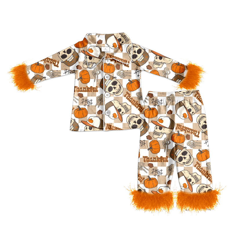 preorder(MOQ 5)Baby Girls Thanksgiving Thankful Pumpkin Fur Top Pants Pajamas