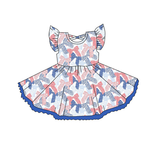 Baby Girls Flutter Sleeves Blue Red Stripe Bows 4th Of July Knee Length Dresses Preorder