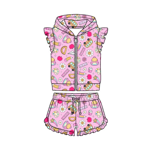 Preorder (moq 5)Baby Girls Flowers Pencils Hoodie Zip Jacket Ruffle Short Back to School Clothes Sets