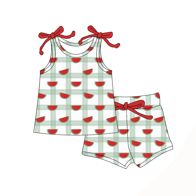 Preorder moq 5 Baby Girls Bows Sleeveless Watermelon Plaid Top Short Set