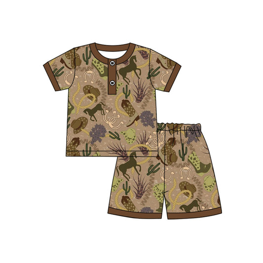 Preorder (moq 5)Baby Boys Olive Short Sleeves Horse Hats Button Top Shorts Pajamas Sets