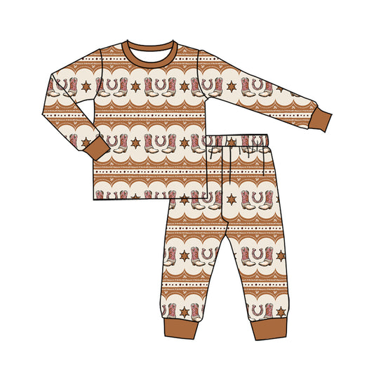 Preorder (moq 5)Baby Girls Boots Flowers Stripe Top Pants Western Pajamas Sets