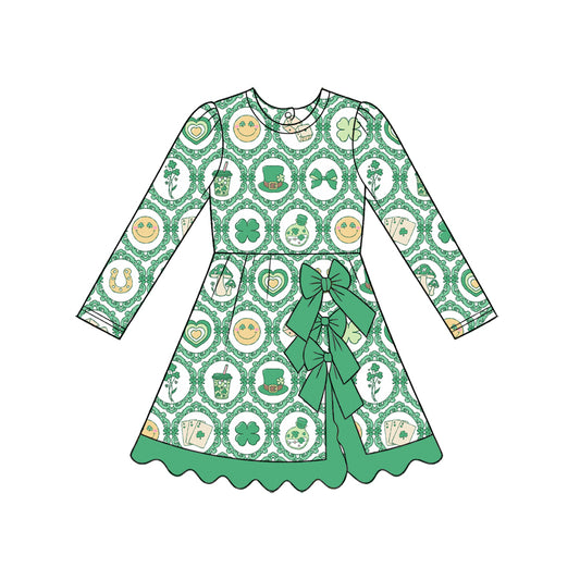 Preorder (moq 5) Baby Girl Clothes St Patrick’s Day Clover Vintage Frame Print Long Sleeve Big Bow Scalloped Hem Dress