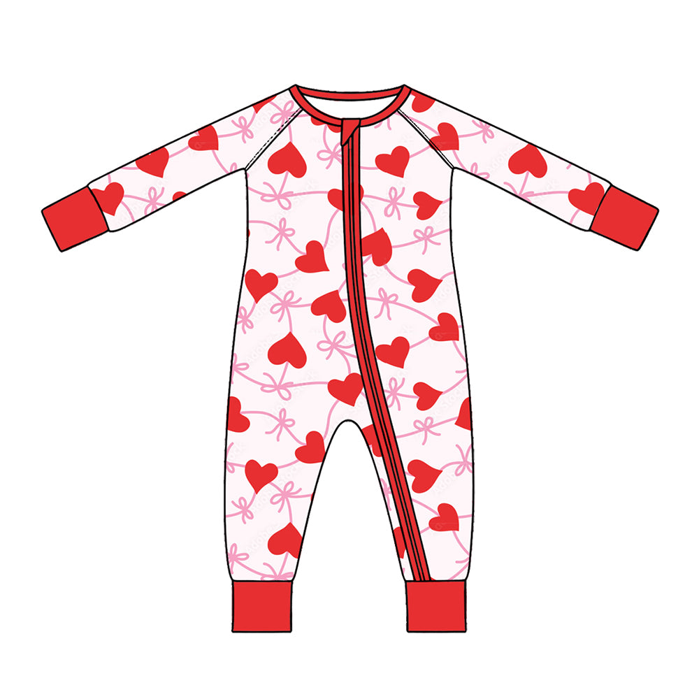 Preorder (moq 5) Baby Girl Clothes Valentine Red Heart Bow Line Print Long Sleeve Zipper Romper