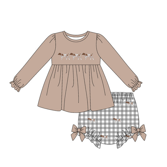 Preorder moq 5 Baby Girls Dogs Tunic Checked Bummies Hunting Clothes Set