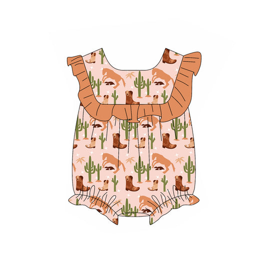 Preorder (moq 5)Baby Girls Pink Ruffle Sleeves Cactus Boots Ruffle Rompers