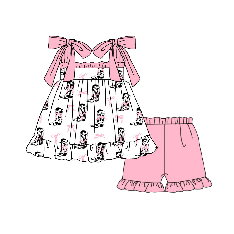 Preorder (moq 5)Baby Girls Pink Strap Cow Print Boots Bows Tunic Ruffle Shorts Clothes Sets