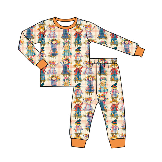 Preorder (moq 5)Baby Girls Orange Plaid Scarecrows Top Pant Pajamas Set