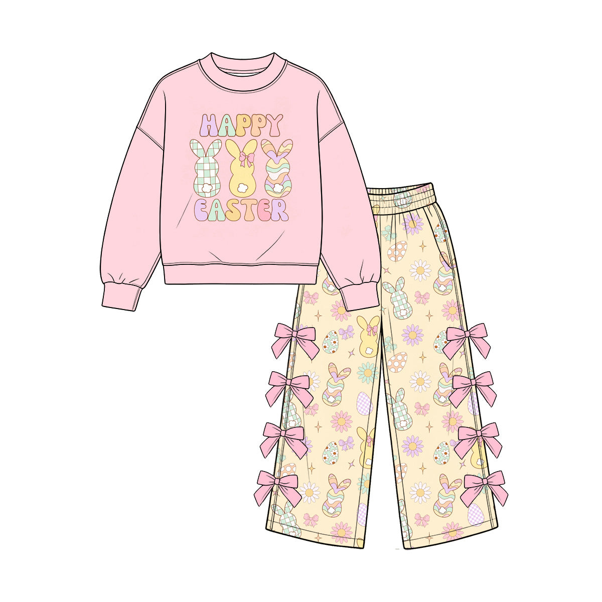 Preorder (moq 5) Girls’ Easter Pink Bunny Floral Bow Crewneck Long-Sleeve Top & Wide-Leg Pants Set