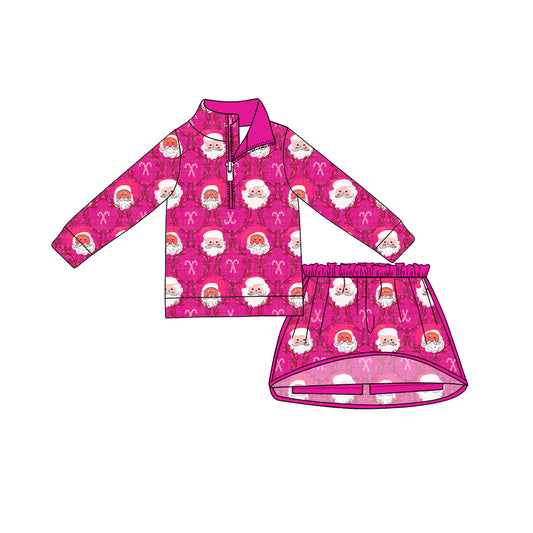 Preorder (moq 5)Baby Girls Santa Candy Cane Checked Zip Pullovers Top Skirt Short Christmas Clothes Set