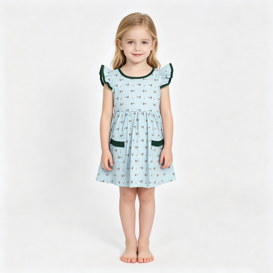 Baby Girls Flutter Sleeve Ducks Pockets Hunting Knee Length Dresses