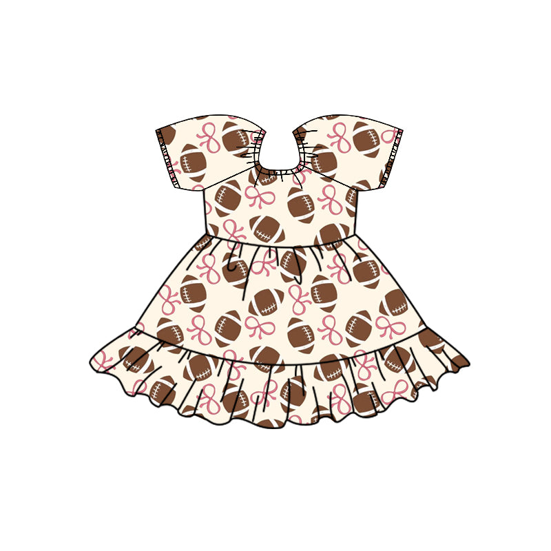 Preorder (moq 5)Baby Girls Pink Bows Footballs Team Ruffle Knee Length Dresses