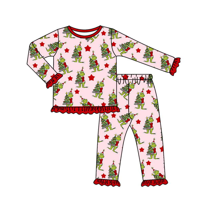 Preorder(moq 5) Baby Girls Long Ruffle Sleeves Christmas Trees Green Face Top Pants Pajamas Set