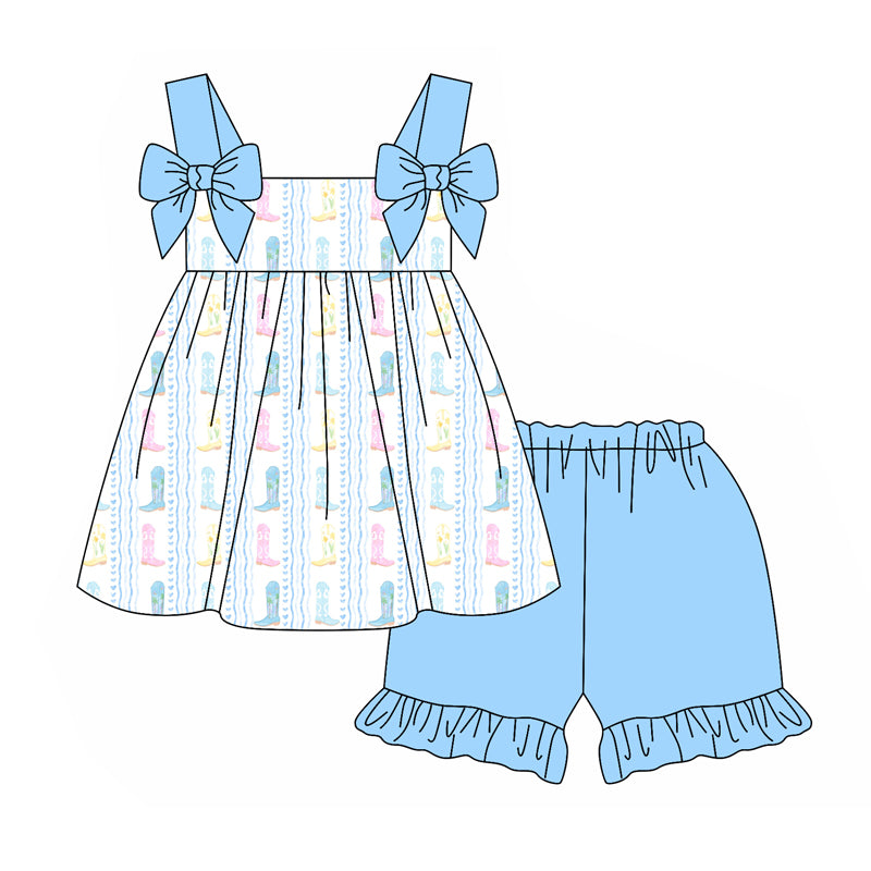 Preorder (moq 5)Baby Girls Western Boots Bows Straps Tunic Top Shorts Clothes Sets