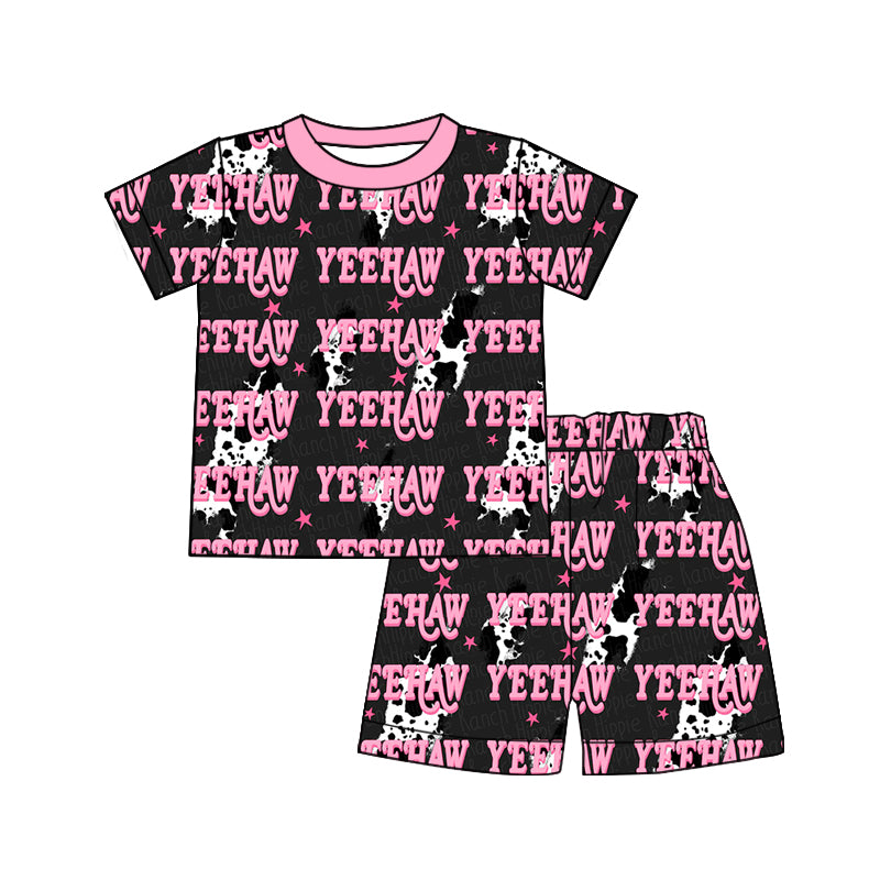 Preorder (moq 5)Baby Girls Cow Print Lights Yeehaw Top Shorts Western Pajamas Sets